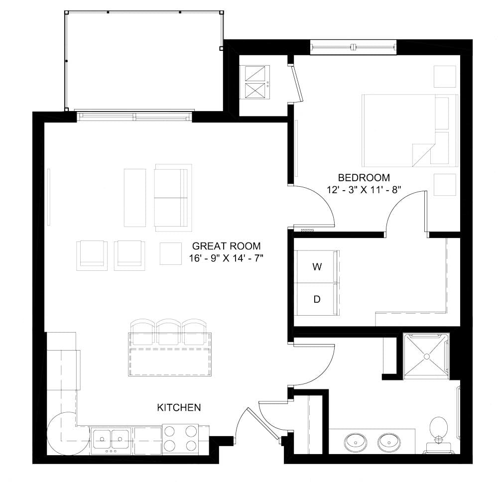 The Hayes 1-bedroom floor plan layout